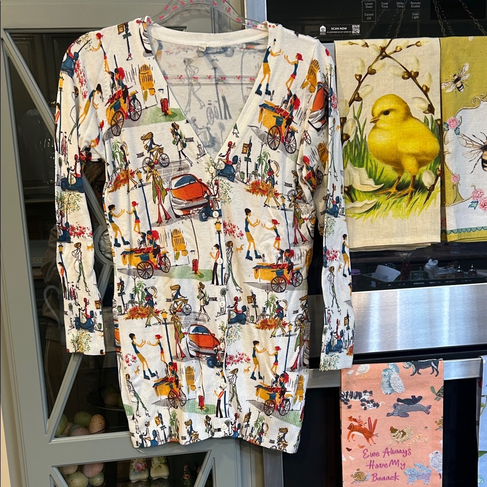 Lora Febian Vintage Colorful Graphic Print Long Cotton Cardigan Small